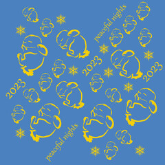 An unusual composition of stylized rabbit signs in yellow and blue colors. Peaceful sleep in Ukraine in 2023. Chinese new year 2023 year of the rabbit