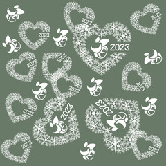 Happy New Year 2023 of the Rabbit according to the Chinese calendar. Festive pattern for fabric, for background, for base. Snowflakes in the shape of a heart