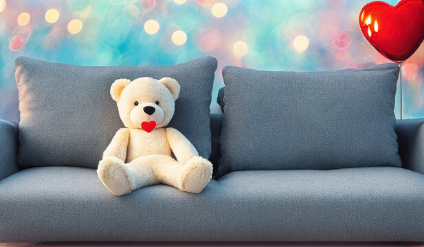 white teddy bear with red heart on his lips siiting on gray couch next to red heart shaped baloon and some blurry lights in bakcground, generative AI