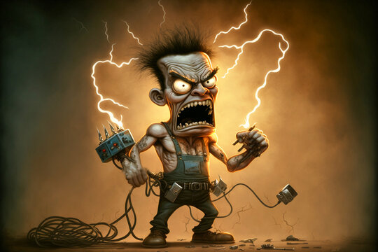 Wütender Elektriker mit einer Explosion im Hintergrund als Karikatur