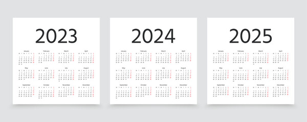 2023 2024 2025 years calendars. Week starts Monday. Simple calender layout. Desk calendar template with 12 month. English yearly stationery organizer. Vector illustration. Minimal style. Square shape