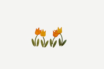 Watercolor Green, Orange and Yellow Tulips on White Background with Room for Text