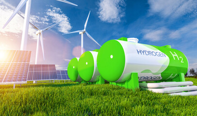 Green h2 Hydrogen renewable energy production pipeline - green hydrogen gas for clean electricity solar and windturbine facility