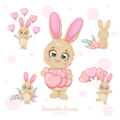 Cute cartoon Bunny collection for Happy Valentine's Day postcard