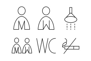 Toilet set sign icon Man, woman, shower, general toilet, WC,  no smoking 