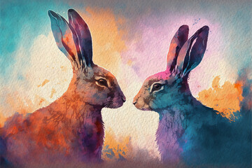 Easter rabbits bunny watercolor card, created with Generative AI