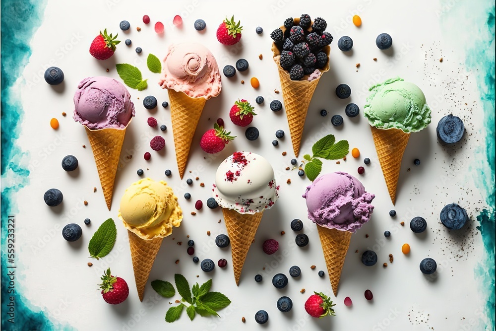 Poster a group of ice cream cones with berries and mint on top of them on a white surface with blueberries 