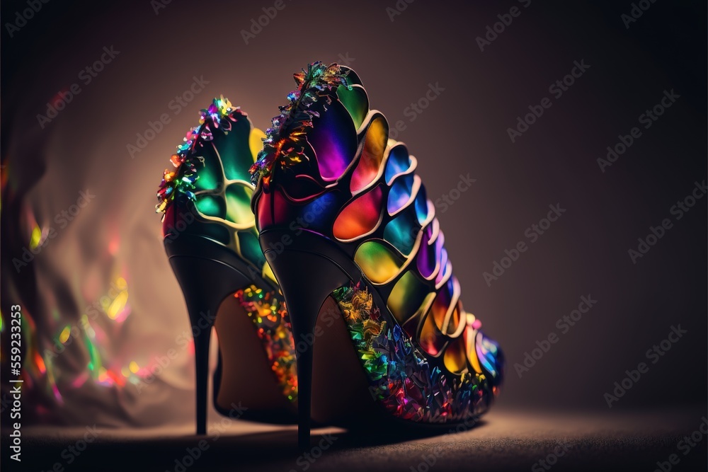 Poster a pair of colorful high heels with a black background and a rainbow colored shoe with a black bottom