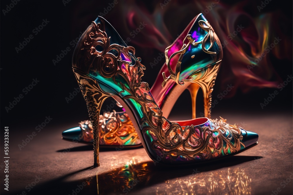 Poster a pair of high heeled shoes with a colorful design on them, on a table with a black background, with