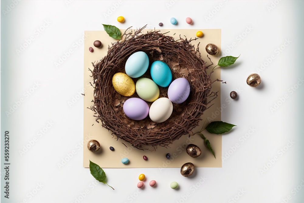Poster a nest with eggs and leaves on a piece of paper with chocolate eggs in it and scattered eggs around 