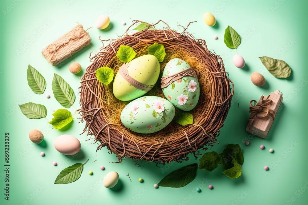 Poster a bird's nest with eggs and leaves on a blue background with a house and a tree branch on the side o