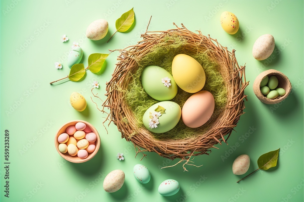 Poster a nest of eggs with leaves and flowers on a green background with a few eggs in it and a few eggs in