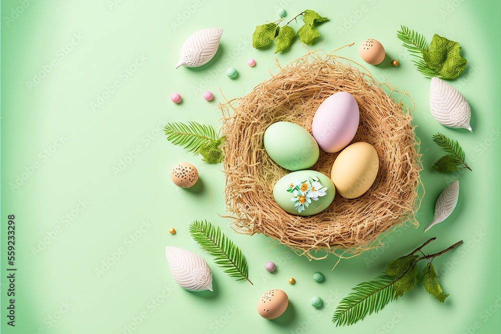 Poster a nest of eggs with leaves and eggs on a green background with copy space for text or image, top vie