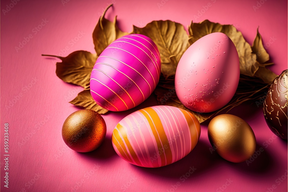 Poster a pink background with three different colored eggs and a leaf on it, with a pink background and a g