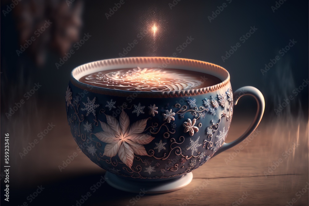 Poster a cup of hot chocolate with a candle in it on a table with a dark background and a small amount of s