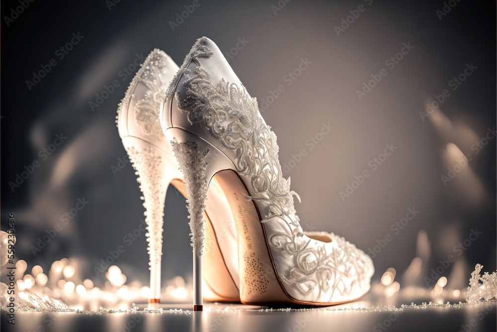 Poster a pair of white high heels with lace on them on a table with candles in the background and a black b