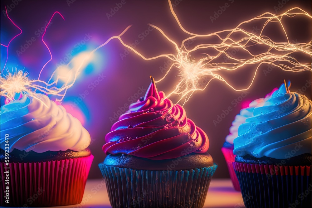 Poster three cupcakes with icing and a candle on top of them with a blurry background of lightening and a p