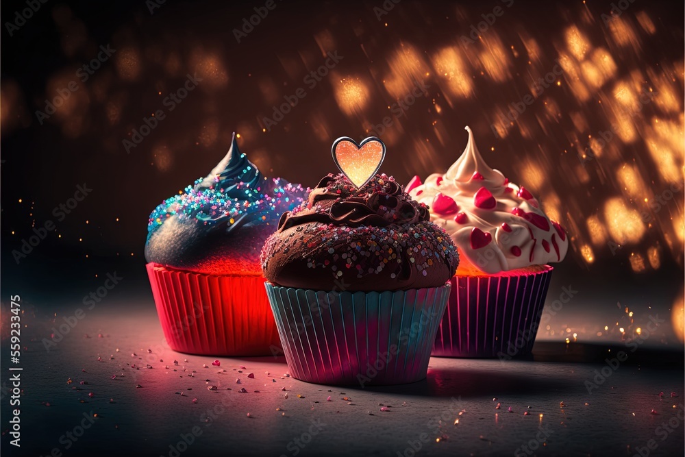 Poster three cupcakes with different toppings on a table with a light shining on them and a heart shaped wi