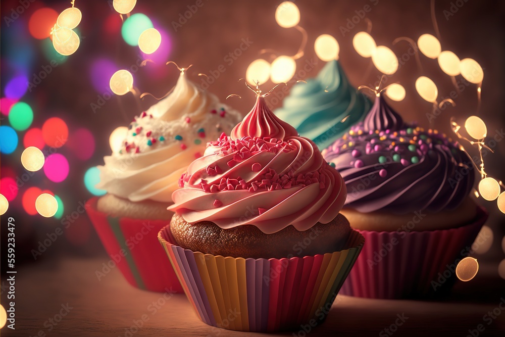 Poster three cupcakes with frosting and sprinkles on them are sitting on a table with a blurry background o