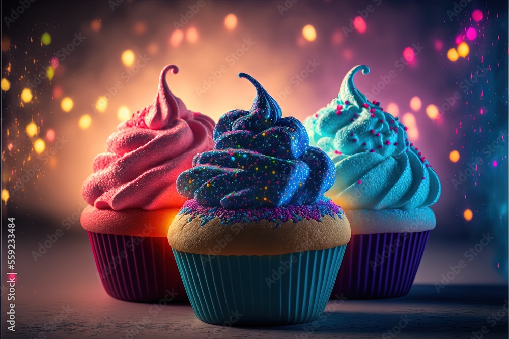Poster three cupcakes with different colored frosting on them are shown in a row on a table with a blurry b