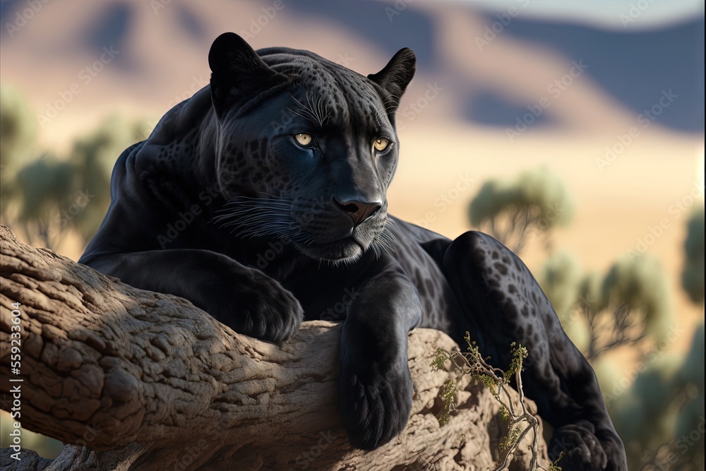Poster a black panther sitting on a tree branch in a desert setting with mountains in the background and a 