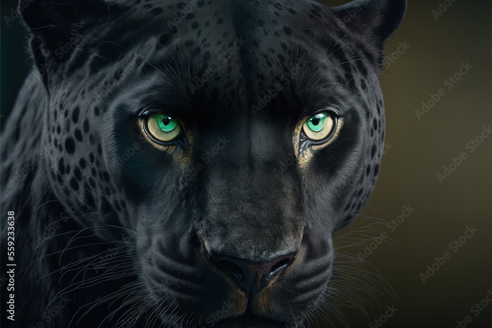 Poster a black leopard with green eyes and a black background is shown in this image, it is looking straigh