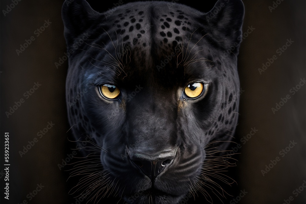Poster a black leopard with yellow eyes looks into the camera lens with a black background and a black back