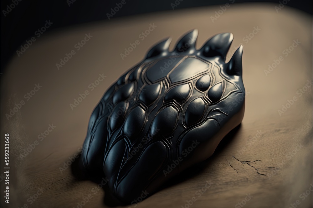 Poster a black object sitting on top of a wooden table next to a black object with a black face on it's sid