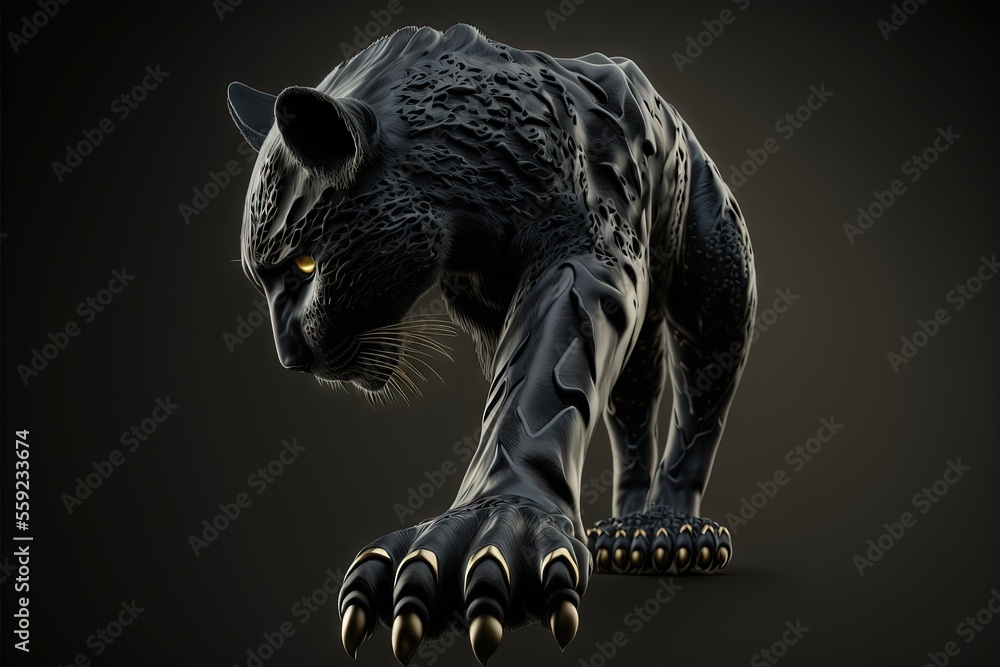 Poster a black panther with yellow eyes and claws on a black background with a shadow of its paw and claws 