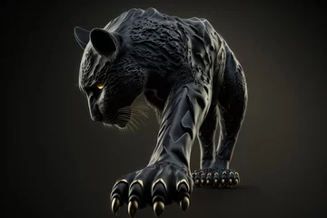 Foto op Plexiglas  a black panther with yellow eyes and claws on a black background with a shadow of its paw and claws on the ground, with a black background with a black backgrou Generative AI Generative AI © Oleg