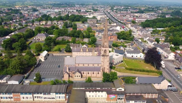 Aerial video of Holy Trinity Church Cookstown Co Tyrone Northern Ireland 