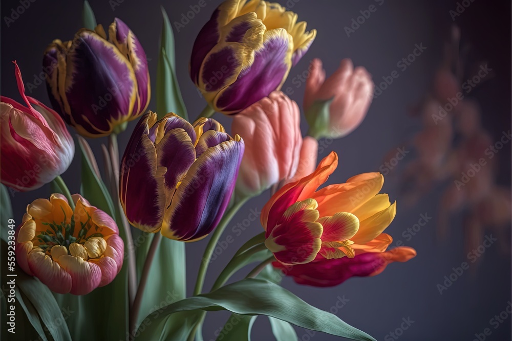 Poster a vase filled with colorful flowers on top of a table next to a wallpapered wall behind it and a vas