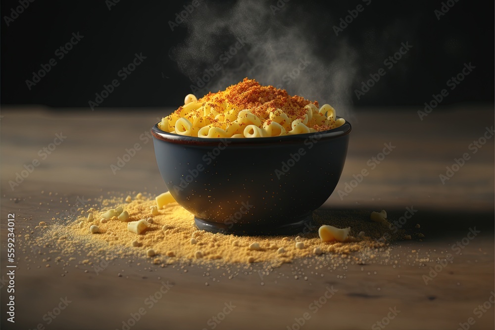Poster a bowl of macaroni and cheese with a steaming bowl of macaroni and cheese on the side of the bowl on