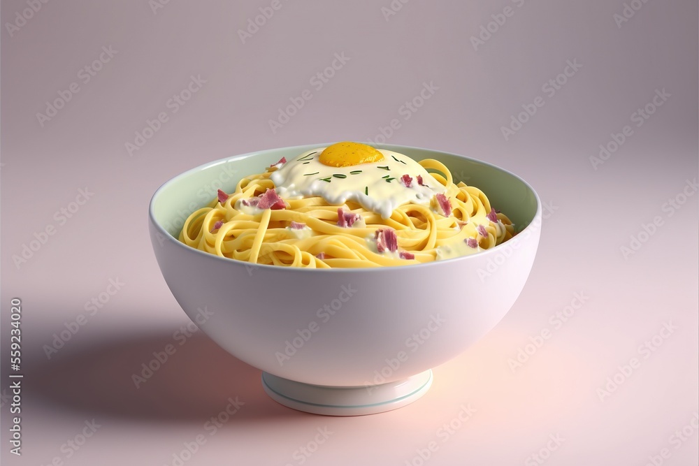 Poster a bowl of noodles with a fried egg on top of it on a pink background with a shadow of the bowl on th