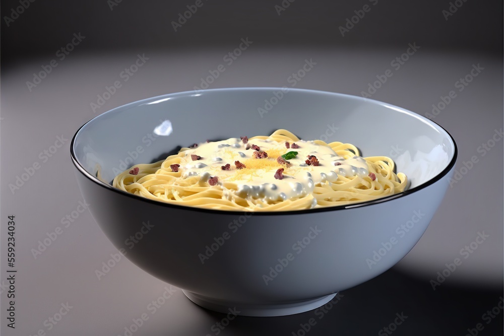 Poster  a bowl of pasta with cheese and bacon on top of it on a table top with a black background and a gray background behind it is a black bowl with a white border and a. Generative AI