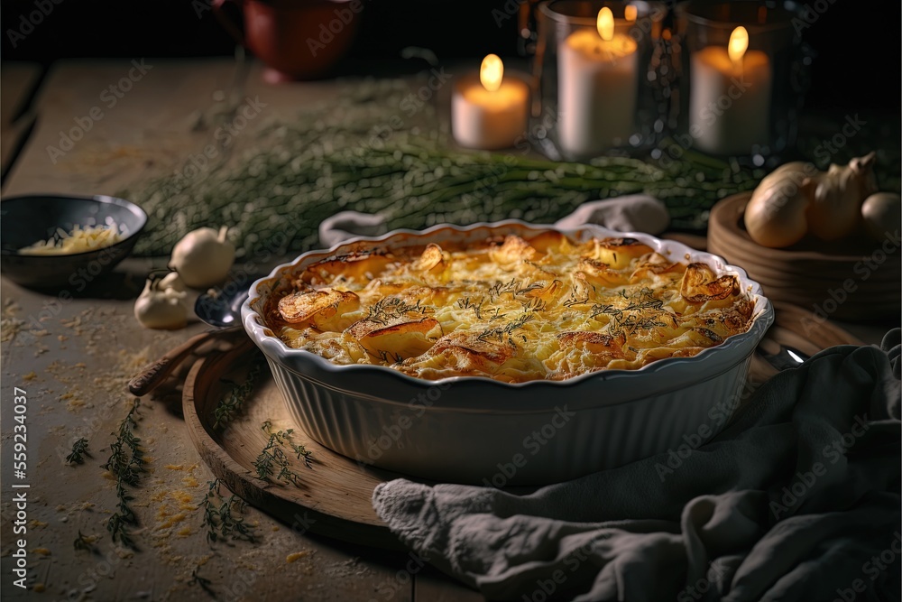 Poster a pie with cheese and onions in a pan on a table with candles and other food items around it and a c