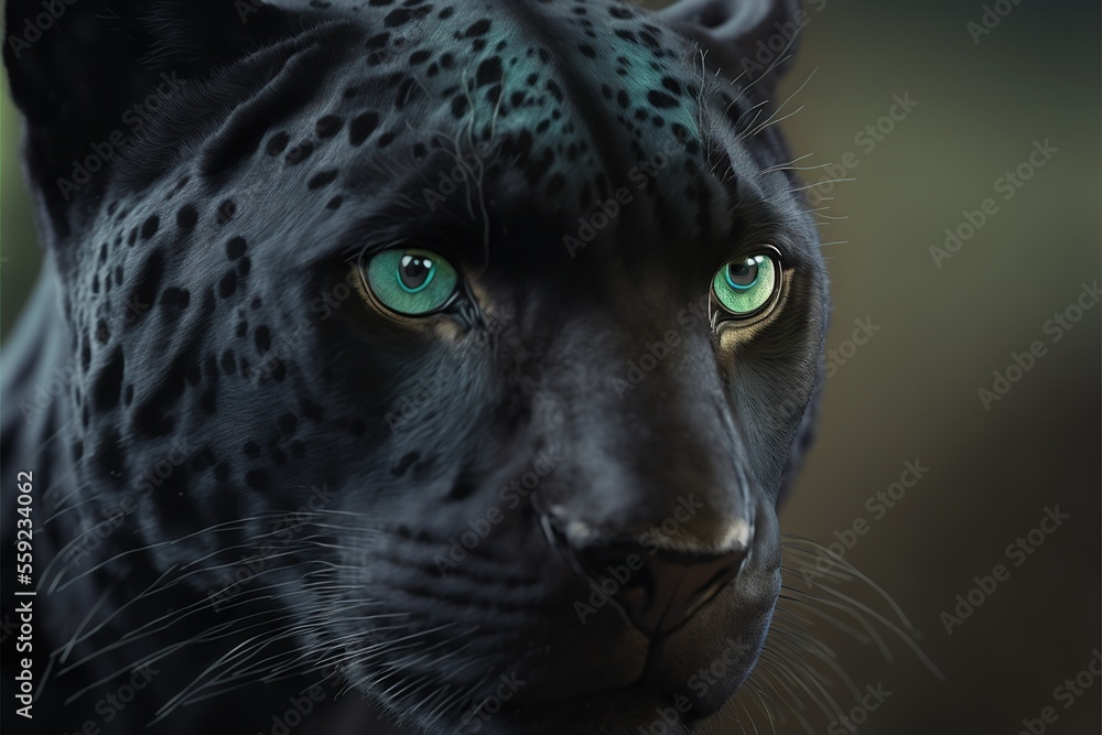 Poster a black leopard with green eyes looks into the camera lens with a blurry background of leaves and br