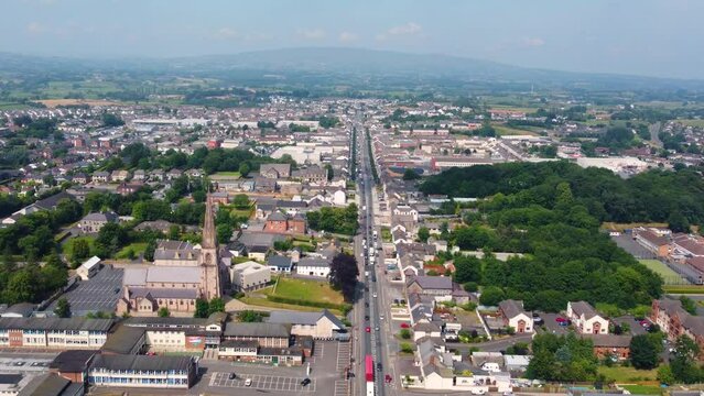 Aerial video of Traffic on Cookstown Main Street Co Tyrone Northern Ireland 