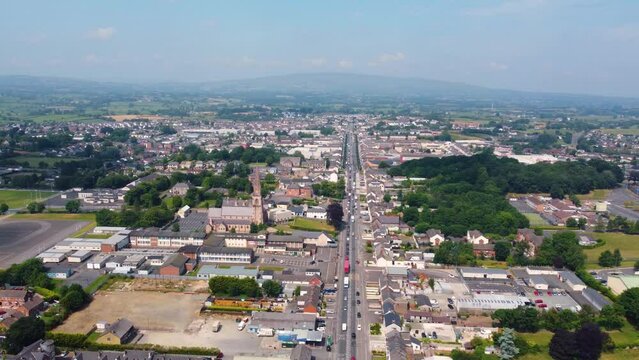 Aerial video of Traffic on Cookstown Main Street Co Tyrone Northern Ireland 