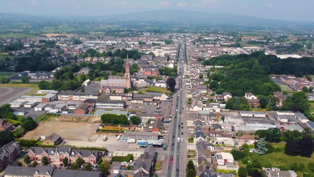 Aerial video of Traffic on Cookstown Main Street Co Tyrone Northern Ireland 