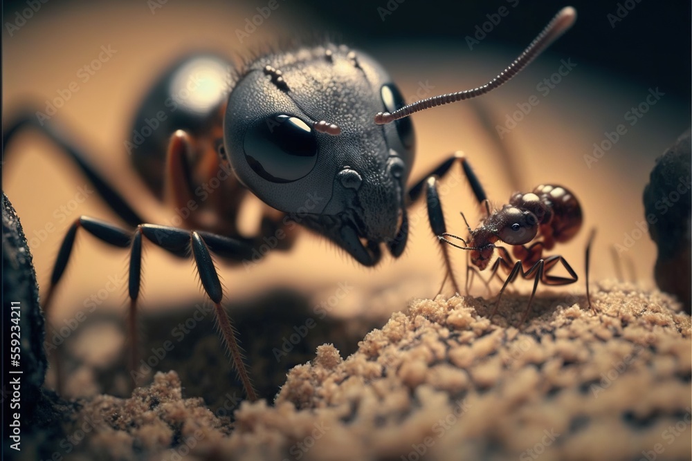 Poster a close up of a ant ant with a smaller ant ant in the background, with a smaller ant in the foregrou