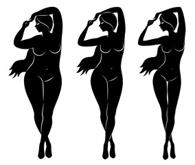 Collection. Silhouette of a beautiful woman figure. The girl is thin, the woman is overweight. The lady is standing, she is slim and sexy. Set of vector illustrations.