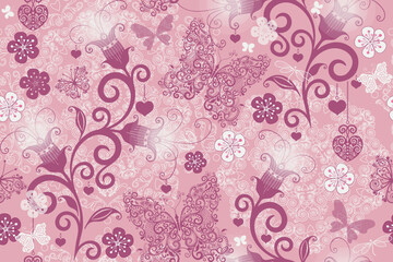 Fototapeta na wymiar Vector seamless valentine pattern with hearts and butterflies and flowers on pink background