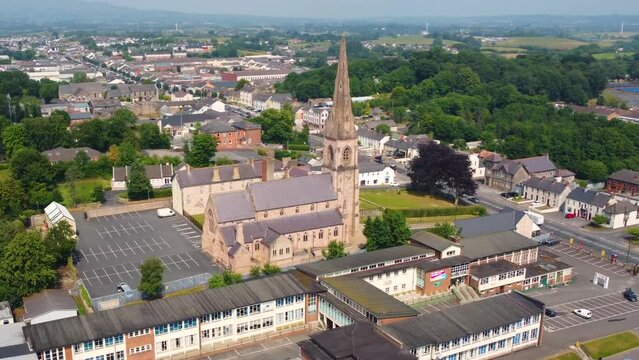 Aerial video of Holy Trinity Church Cookstown Co Tyrone Northern Ireland 