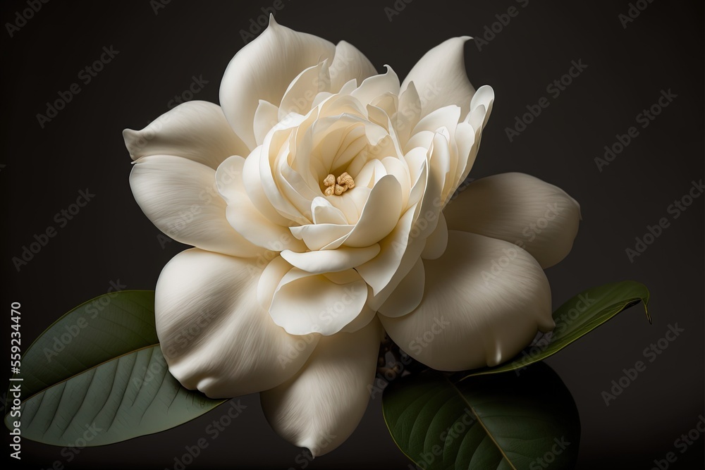 Poster a white flower with green leaves on a black background with a black background behind it and a white