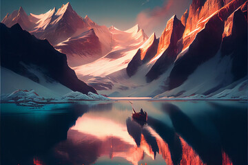 Ethereal landscape  river with boat, snowy mountains, soft lighting