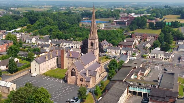 Aerial video of Holy Trinity Church Cookstown Co Tyrone Northern Ireland 