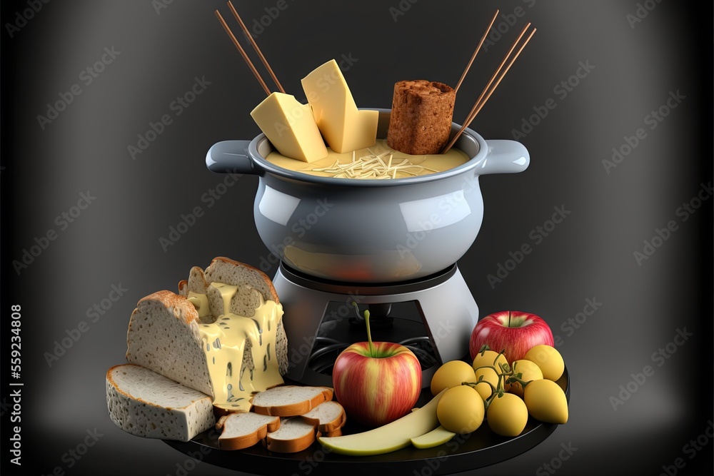 Poster a fondue pot with bread, apples, cheese, and apples on it and a plate with bread and apples on it an