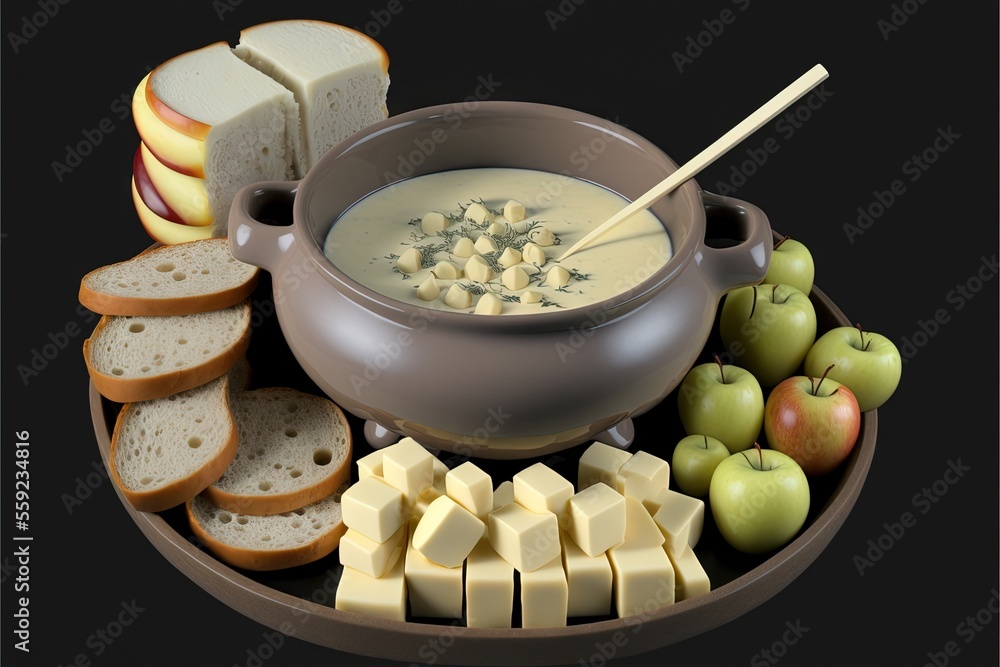 Poster a bowl of soup with bread, apples, and cheese on a plate with a spoon and a knife in it and a plate 