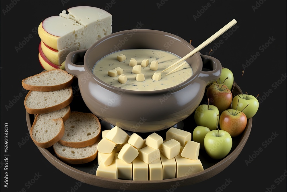 Poster a bowl of soup with cheese, apples, and crackers on a plate with bread slices and apples on the side